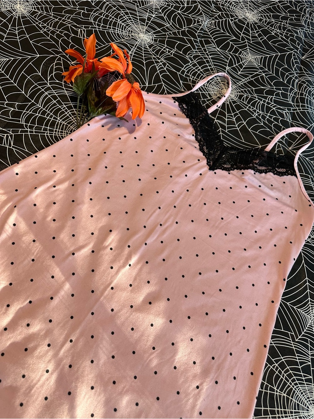 Pink Polka Dot Nightgown with Black Lace Trim